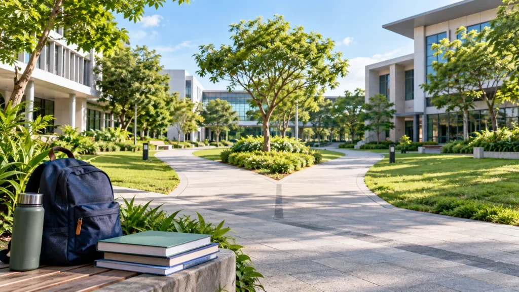 Pre-University Pathways in Singapore Modern school campus with branching walkways, greenery, a student backpack, and textbooks representing pre-university pathways in Singapore.