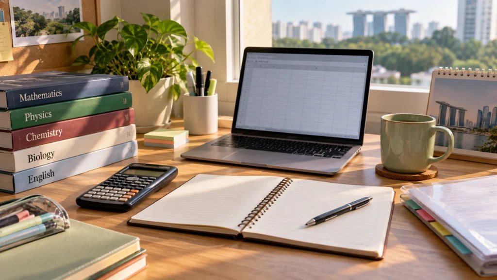 Singapore Junior College Admission Planning Singapore student study desk with a calculator, blank notebook, textbooks, and laptop for junior college admission planning.