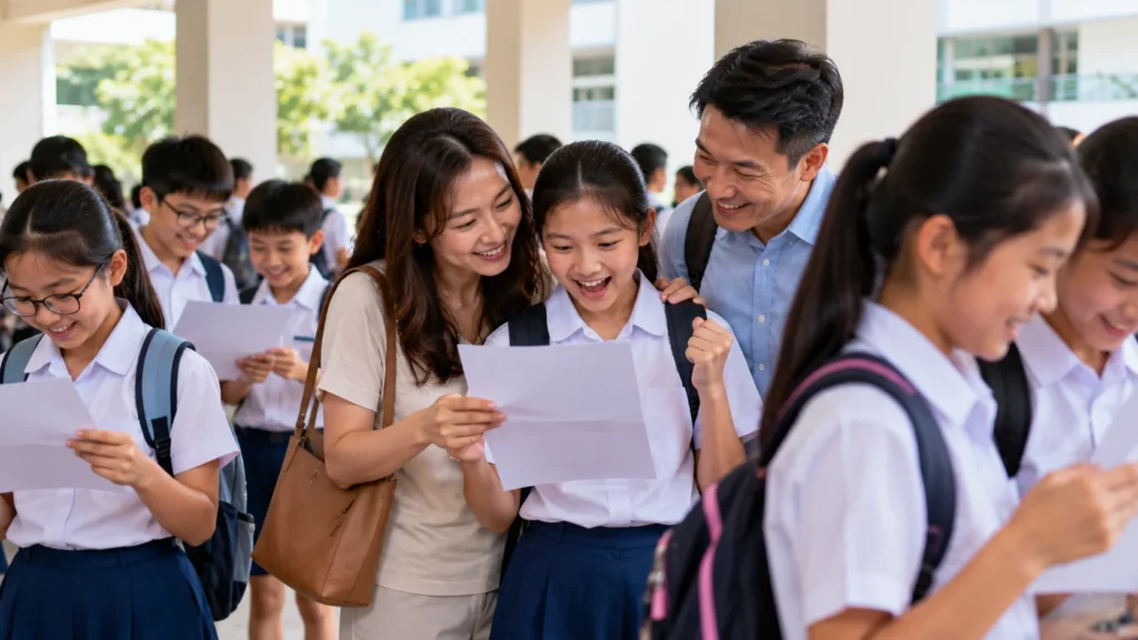 Singapore Primary 6 students reviewing PSLE Results 2022 with their parents at school