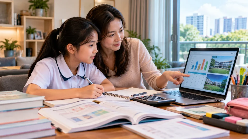 PSLE Cut-Off Point 2024 Singapore Singapore Primary 6 student and parent reviewing PSLE results and comparing secondary school options