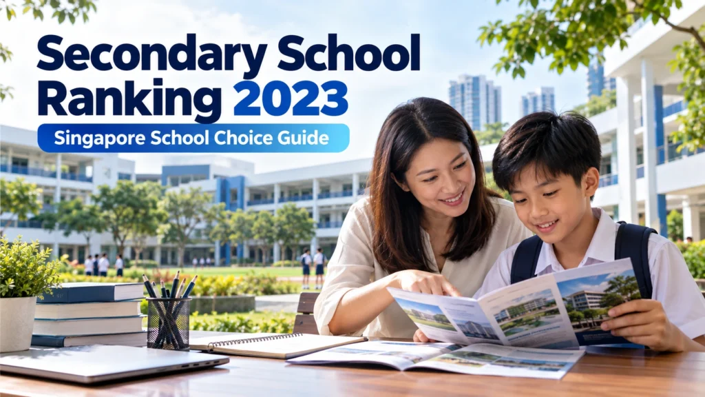 Parent and Primary 6 student reviewing secondary school choices at a modern Singapore school campus.