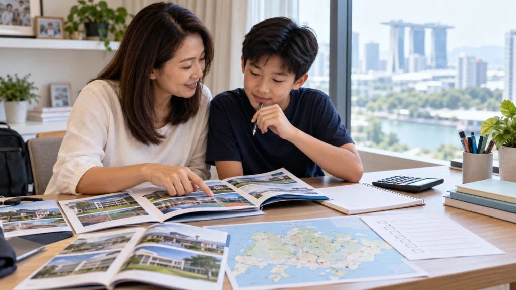 Singapore parent and Primary 6 student comparing secondary school options at home
