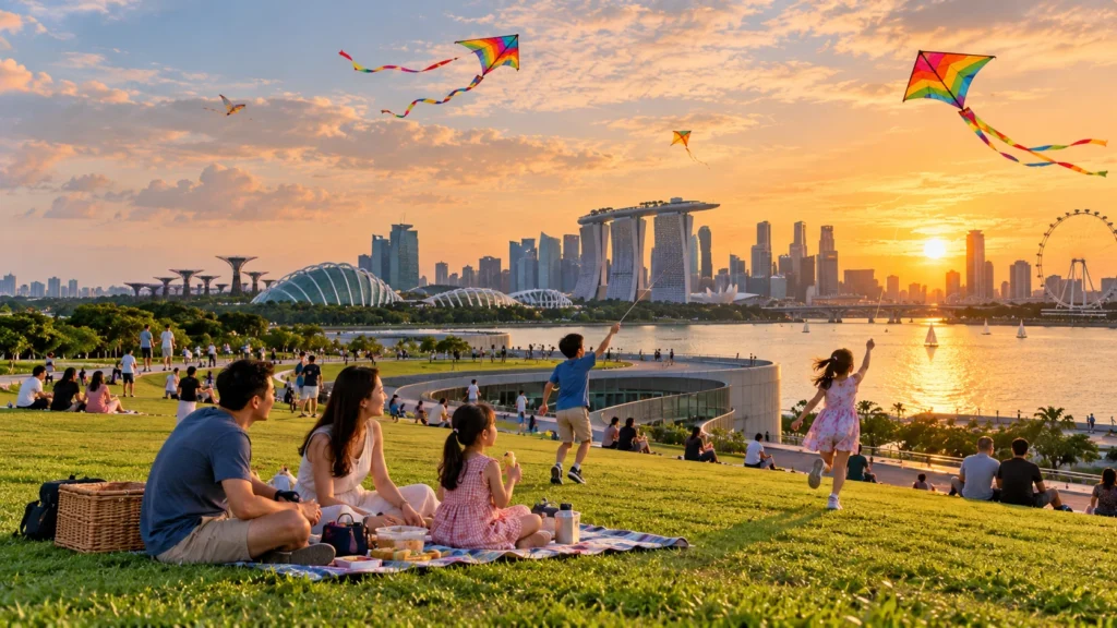 Marina Barrage Singapore Families enjoying a picnic and flying colourful kites at Marina Barrage Singapore during sunset