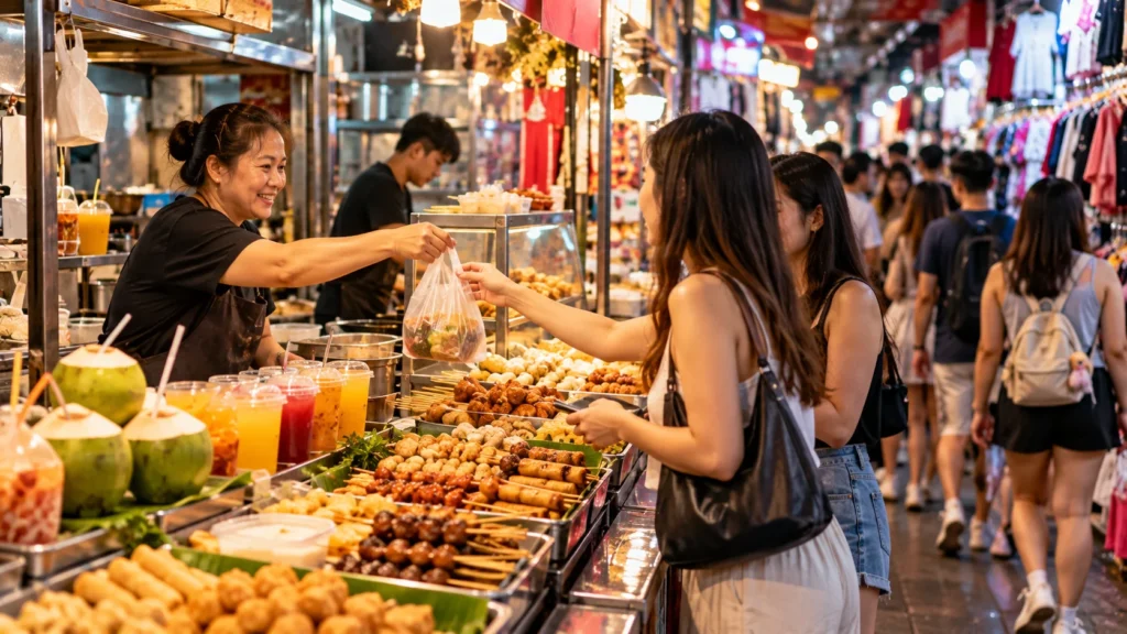 Food at Bugis Street Singapore Food at Bugis Street Singapore with local snacks and drinks at a busy market stall