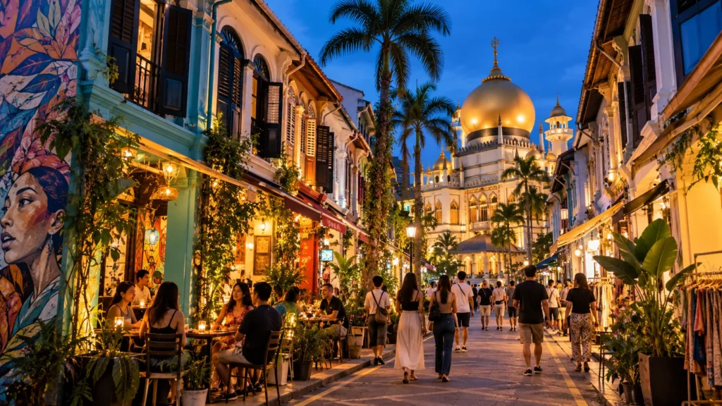Haji Lane Singapore at Evening Haji Lane and Kampong Gelam Singapore at evening with colourful shophouses and Sultan Mosque